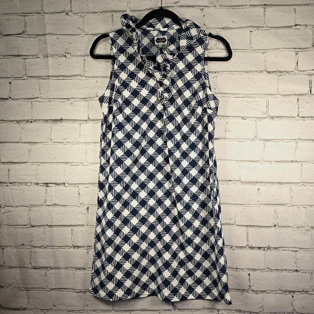 WOMENS MUD PIE NAVY WHITE PLAID SLEEVELESS SHIFT DRESS RUFFLED COLLAR SIZE SMALL